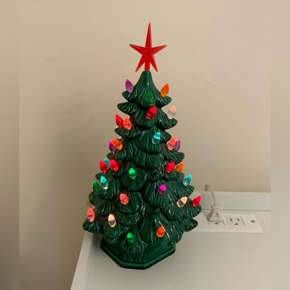 Vintage Green Ceramic Christmas Tree with Colorful Lights